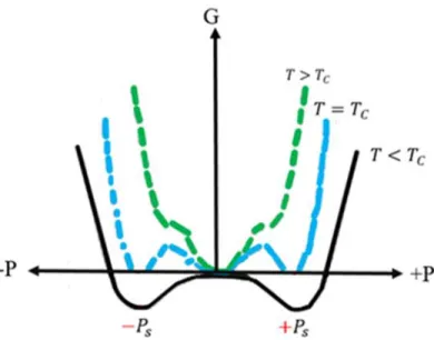 Figure 2.6. Schematic potential well (Gibbs free energy G vs. Polarization P) of a ferroelectric  system with first order phase transition for T&gt;T c , T=T c , and T&lt;T c .