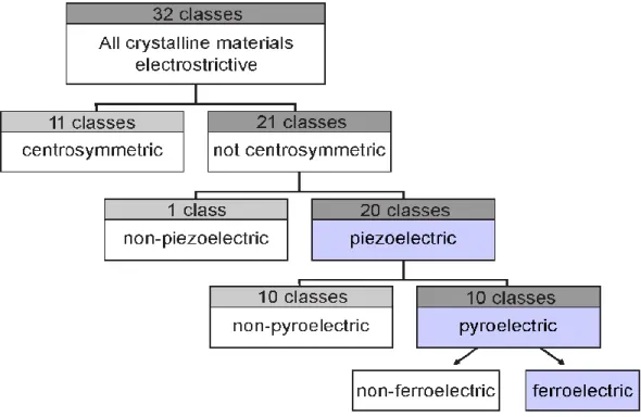 Figure 8: Organisation de classes cristallines selon leurs propriétés électriques induites pas symétrie [40] 