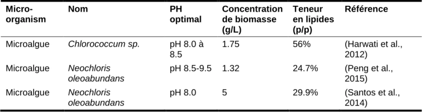Tableau 1. 2  pH optimal pour certains microbes oléagineux 