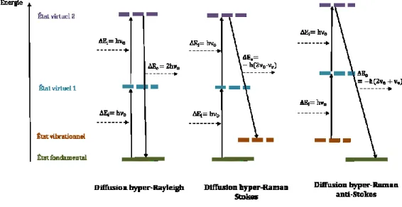 Figure  10 :  Diagramme  de  Jablonski  qui  montre  les  différents  types  de  la  diffusion  non-linéaire  de  la  lumière