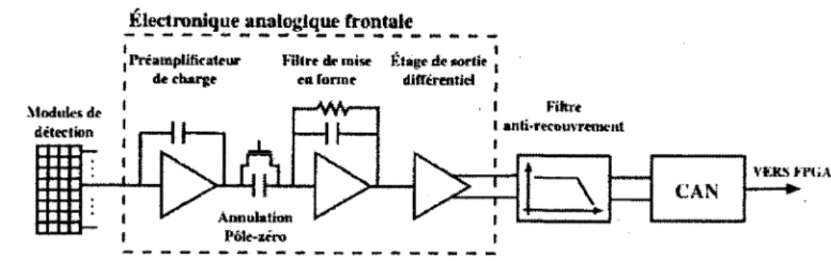 Figure 3-1  : Schéma simplifié de  l'électronique du LabPETfM  incluant  le  module de détection et  l'électronique analogique frontale (ROBERT, 2005)