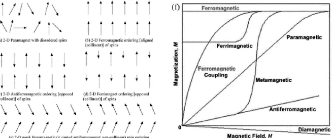 Figure 8. Schematic illustrations of spin interactions for several 2-D magnetic behaviors in 3- 3-D magnetic phenomena: (a) 2-3-D paramagnetic disordered spins, (b) 2-3-D ferromagnetic ordered  spins, (c) D antiferromagnetic ordered spins, (d) D ferrimagne