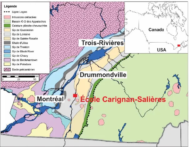 Figure 5. Carte géologique des Basses-Terres du Saint-Laurent et localisation de l’école Carignan- Carignan-Salières (Comeau et al., 2004, Globensky, 1987)
