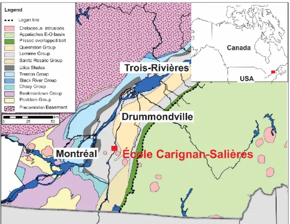 Figure 2-1. Geological map of the area showing the position of the Carignan-Salières elementary  school (Bédard et al., 2016)