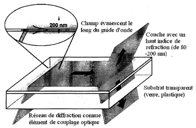 Figure 2.6 Principe du couplage et decouplage par reseau de diffraction [Duveneck et al.,  2003] 