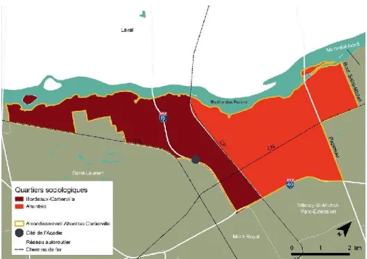 Figure 3.1 : Carte de localisation des quartiers sociologiques d’Ahuntsic-Cartierville  Source : Fonds de plan : Plan d’utilisation du sol, Ville de Montréal 2014 