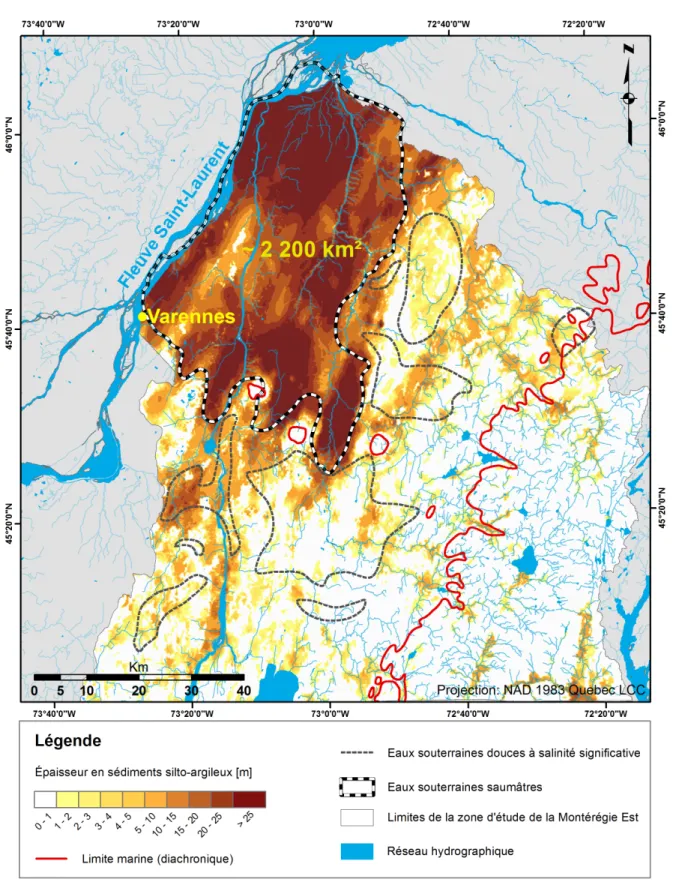 Figure 4 : Épaisseur actuelle en sédiments silto-argileux, délimitation de la zone d’eaux souterraines  saumâtres, et limite marine diachronique de l’étendue de la Mer de Champlain, dans la région  d’étude