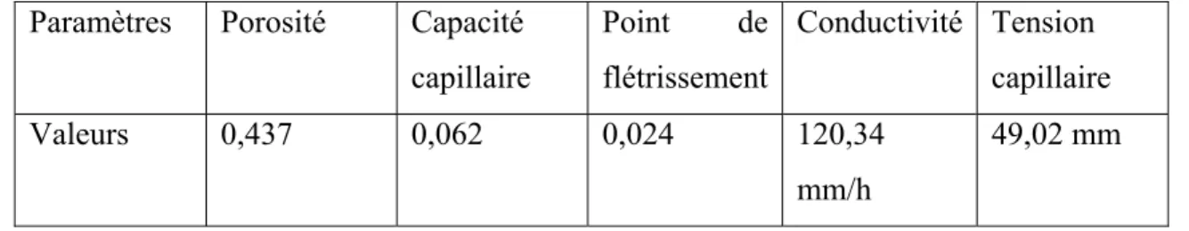 Tableau 4:Valeurs des paramètres pour le sable (source : CHI, 2007) 