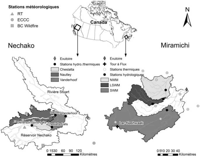 Figure 3.4 Carte des bassins versants de la rivière Nechako et de la rivière Miramichi