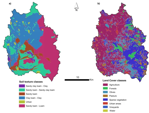 Figure 2. a) Texture du sol et b) carte de Couverture du Terrain utilisées pour le bassin Rio Mannu