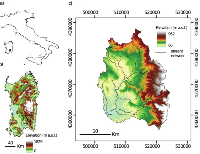 Figure 2.1. Location of the Rio Mannu basin within (a) Italy, and (b) Sardinia. (c) Boundaries in  WGS84 UTM coordinates, elevation and stream network of the basin