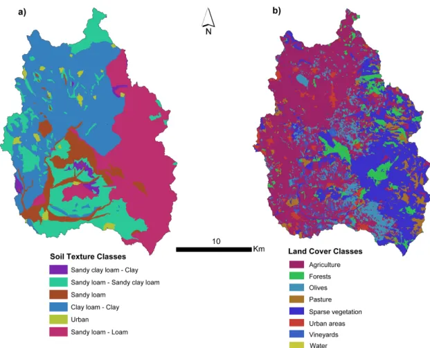 Figure 2.3. a) Soil texture and b) land cover maps used for the Rio Mannu basin. 