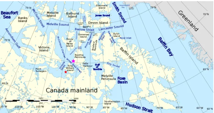 Figure 1.1 – Carte générale de la région de l’Archipel canadien et de la baie de Baffin (Wikimedia, 2017)