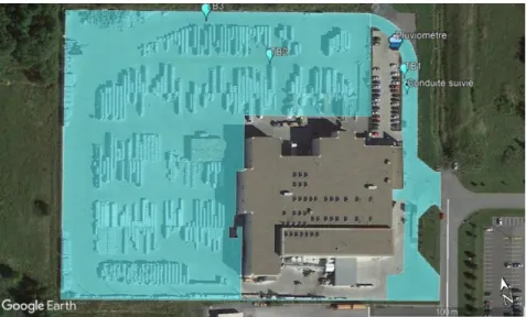 Figure 3.2  Zone  perméable  et  localisation  des  tests  du  site  Stonedge  (Source  de  l’image  du  fond : Google Earth) 