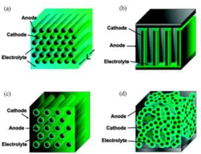 Figure I.8: Schéma de différentes configurations possibles pour des modèles de batteries 3D  [25] 