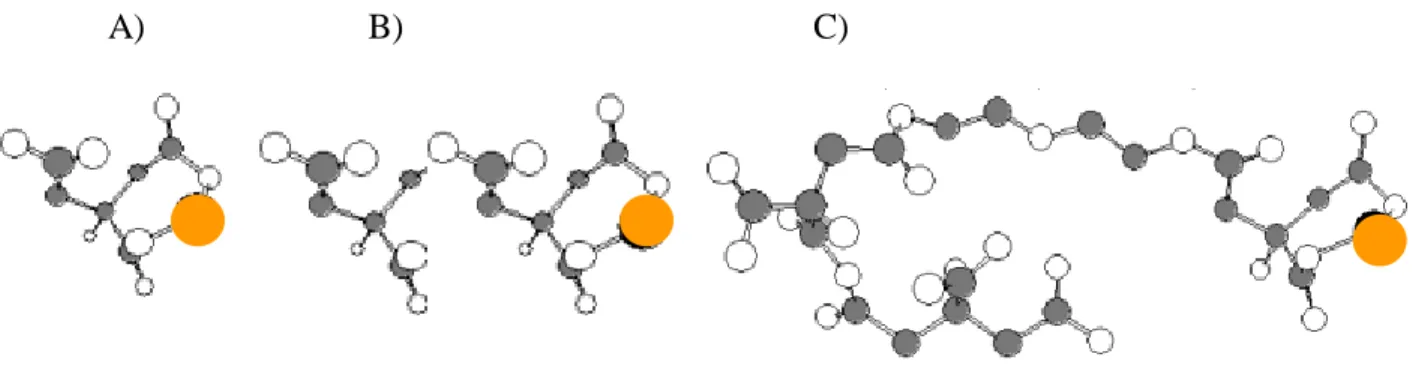 Figure 2. 2. – Scheme illustrating the effect of Pt (orange circles) dilution on the polymer  network in the system: A) with 1x, B) with 5x and C) with 10x more polymer dilution