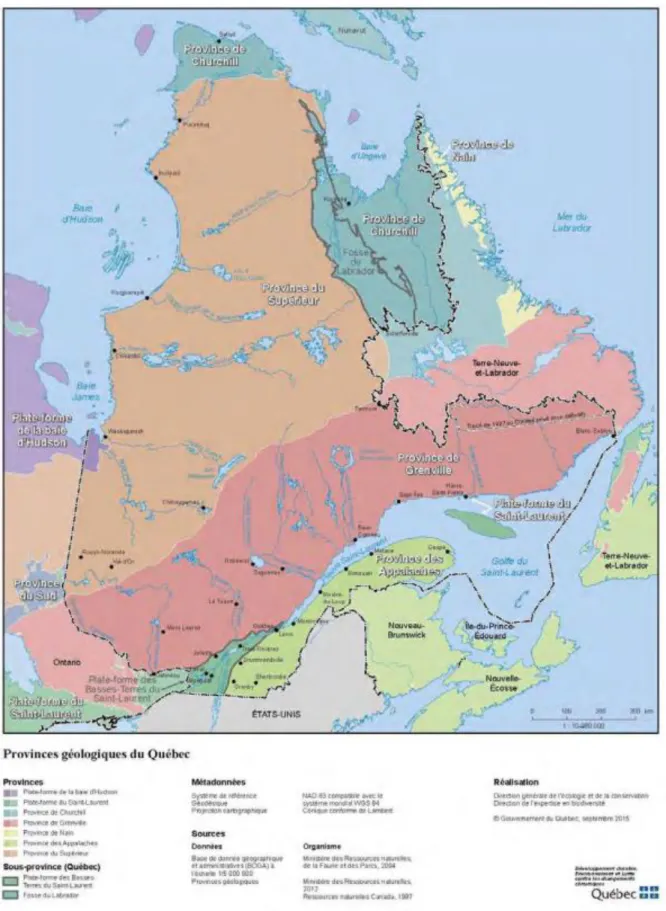 Figure 3-1 Carte des provinces géologique du Québec (Guide d’intervention, juillet 2016) 