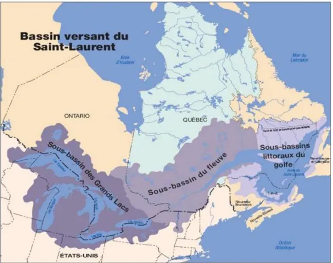 Figure 1.3 : Carte du système hydrographique du Saint-Laurent et délimitation de ses 3  sous-bassins (Environnement Canada 2013)