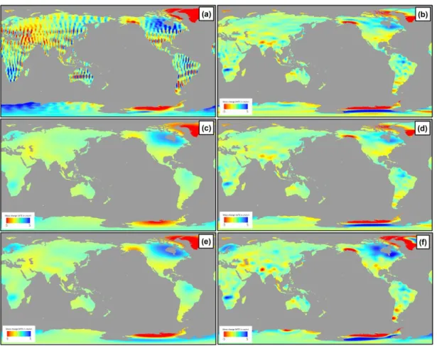 Figure  8 :  Tendance  TWS  (08/2002-08/2014)  de  différentes  solutions  GRACE  non  – contraintes :  (a)  originales,  (b)  ‘destrippées’  en  utilisant  l’algorithme  proposé  par  Swenson  et  Wahr  (2006),  (c)  lissées  par  un  filtre  Gaussian  de
