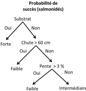 Figure 4. Arbre décisionnel pour la classification adapté de Love et Taylor (2003). Chaque ponceau  est  classé  en  fonction  de  sa  probabilité  à  laisser  passer  les  poissons  (ici  les  salmonidés)