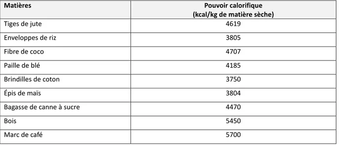Tableau 0.2 Le pouvoir calorifique de divers résidus de biomasse (tiré de : Silva et autres, 2012, p