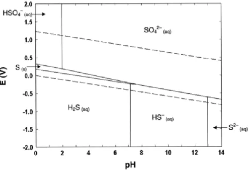 Figure 1-2  Diagramme  de  Pourbaix  des  sulfures  (T = 25°C,  P = 1,013  bar  et  C = 0,1  mM)  (Hulshoff Pol et Lens, 2000) 