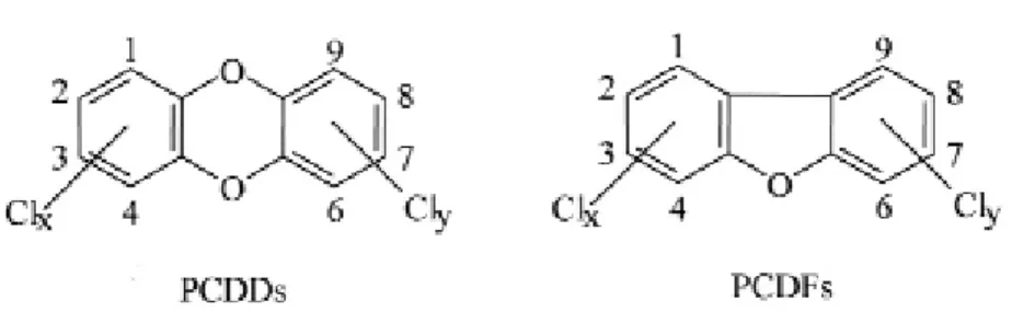 Figure 1-1  Structures chimiques et numérotation des dioxines et furanes (INSERM, 2000) 