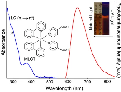 Figure  3.6  Photophysical  properties  of  the  synthesized  Ir  complex,  [(ppy) 2 Ir(dcbpy)] + PF 6 -   (the  structure  and optical images of Ir complex under natural and UV light are shown in the inset)