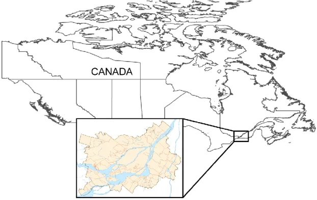 Figure 4 : Emplacement et carte de la communauté métropolitaine de Montréal. 