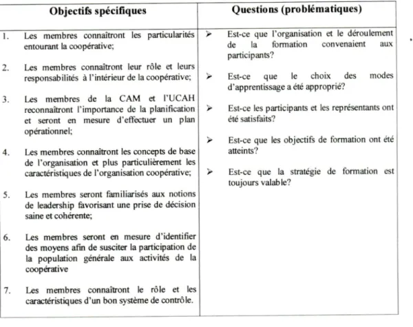 Tableau 3  :  Sommaire des objectif spécifiques et des questions  (problématique)