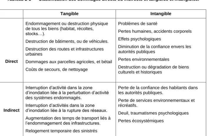 Tableau 2-3  Classification des dommages directs ou indirects et tangibles et intangibles