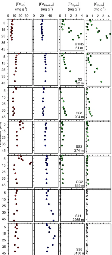 Figure 3.2 :  Profils  verticaux  des  teneurs  en  Fe HCl ,  Fe Résiduel ,  Fe Pyrite   et  S Pyrite   dans  les  sept  carottes  de  sédiment  analysées