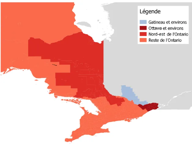 Figure 2.3 Carte : les trois régions de l’Ontario et la région de Gatineau 