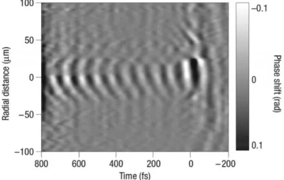Fig. 4 – Relativistic wakefield, driven by a laser pulse propagating to the right. 