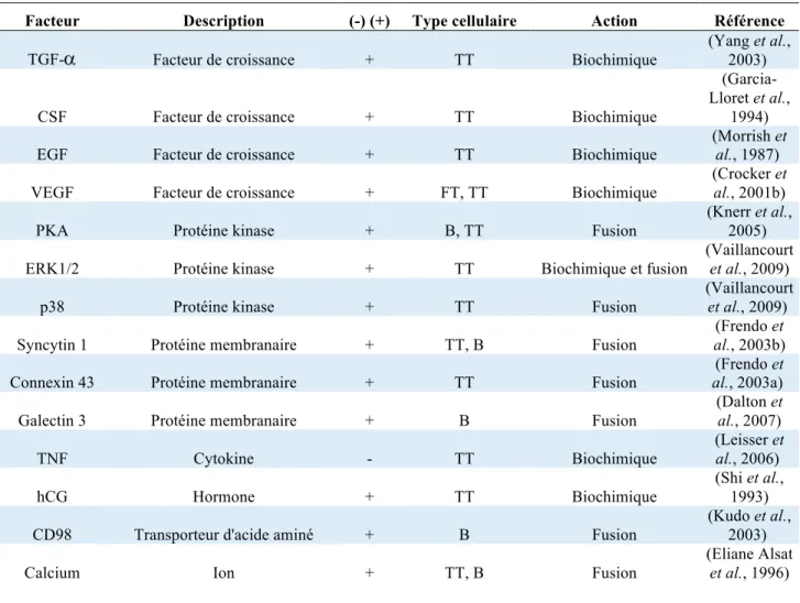 Tableau  1.1 :  Principaux  facteurs  modulant  la  fusion  des  cytotrophoblastes  villeux  et  la  formation  du  syncytiotrophoblaste