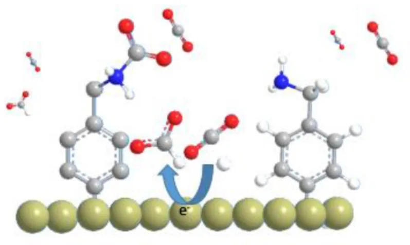 Figure 1.14 : Schéma de principe de l’électroréduction du CO 2  par des surfaces de plomb modifié  avec des alkyles amines