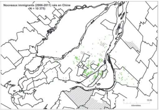 Figure 1.3 : Carte des lieux de résidence des immigrants nés en Chine arrivés entre 2006  et 2011  