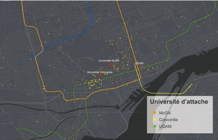 Figure 1.4 : Répartition géographique des lieux de résidences des étudiants  internationaux de trois universités montréalaises  