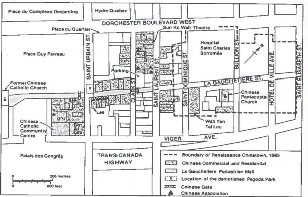 Figure 3.8 : Carte du quartier chinois de Montréal en 1986 