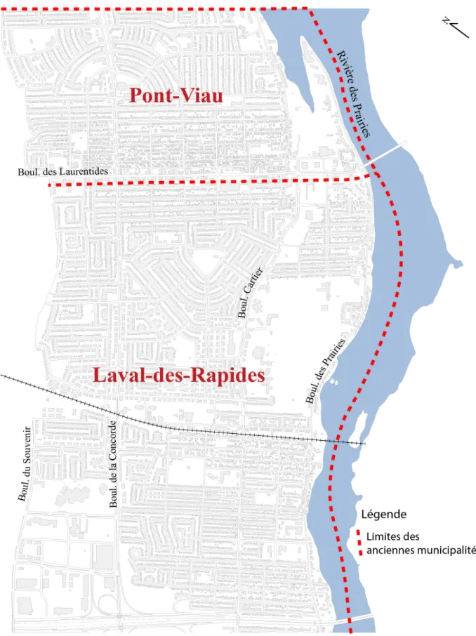 Figure 3 : Découpage du territoire d’étude selon les limites des anciennes villes de Laval- Laval-des-Rapides et Pont-Viau