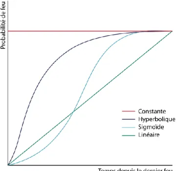 Figure 6. Évolution de quatre types de fonction de probabilité de feu avec l’âge des peuplements  selon le modèle de Weibull