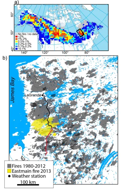 Figure 9. Map of the study area within the North American boreal forest. (a) : Burn rates (% of land  area per year) were computed for 100 km x 100 km cells, according to fires recorded in Alaska and  Canada between 1980 and 2012 (Alaska Interagency Coordi