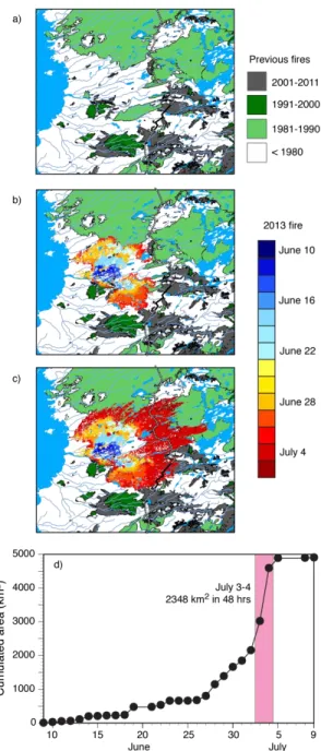 Figure 13. Daily spread of the 2013 Eastmain fire relative to previous fires as reconstructed from  MODIS  data