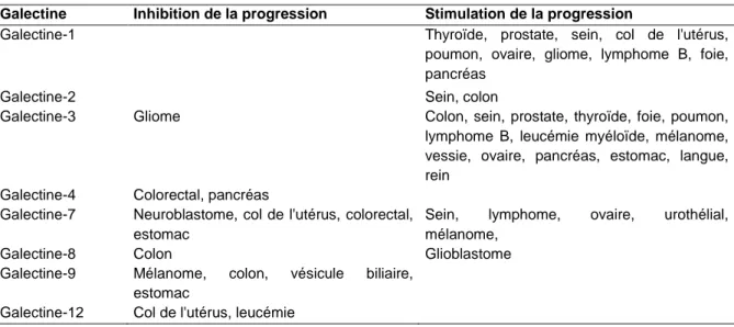 Tableau  3      Expression  des  galectines  dans  le  cancer.  Association  entre  la  présence  de  galectines  et  l’inhibition ou la stimulation de la progression de différents cancers