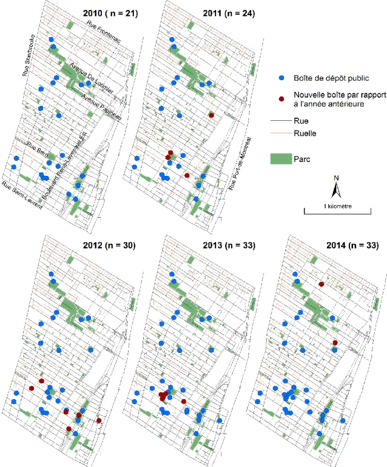 Figure 2.2 Localisation des boîtes de dépôt public par année 