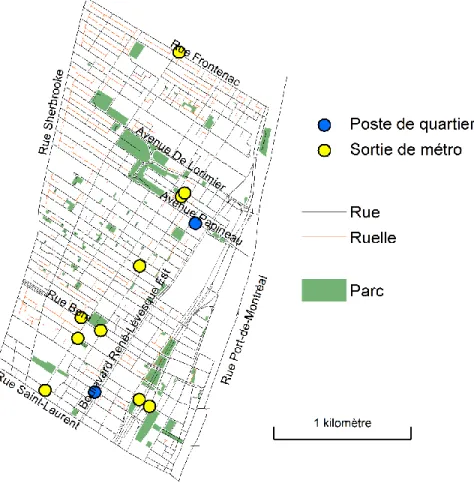 Figure 2.7: Sorties de métro et postes de quartier (police) 