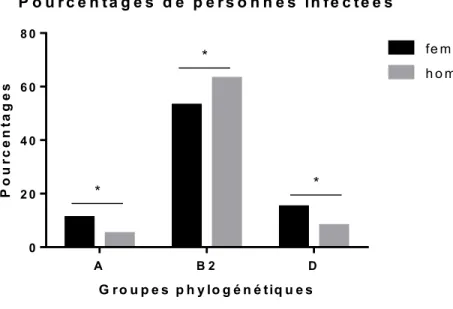 Figure 4.4 : Pourcentages de femmes et d’hommes infectés selon le groupe phylogénétique auquel  appartient les souches responsable des infections