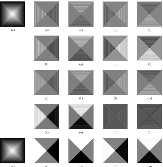 Figure 3.3 – Synthetic examples. First row (the noised version), from left to right : (a) The 2D pyramid image ; (b, c) Partial derivatives I x and I y using locally averaged finite differences ; (d, e) The difference between the partial derivatives in (b,