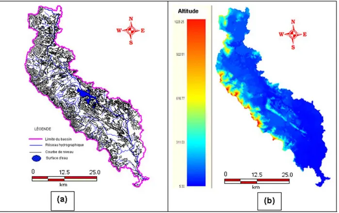 Figure 6.1 : Carte topographique du bassin versant de la rivière Cong   (a) Courbes de niveau (b) Traitement en modèle numérique de terrain (MNT) 