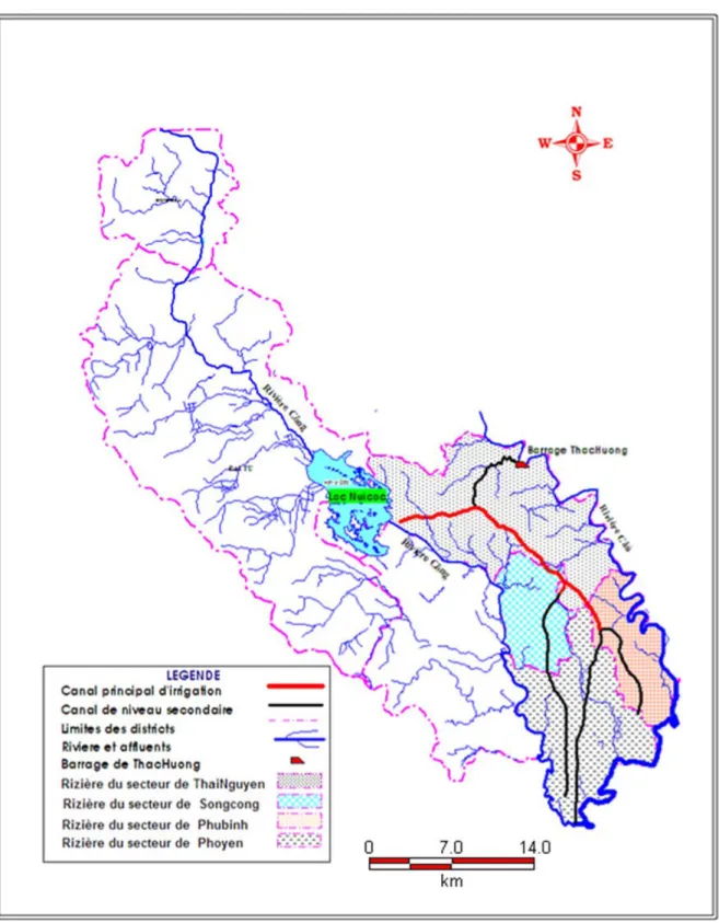 Figure 3.12 : Carte des différents secteurs rizicoles et des différents canaux  dans le sous-bassin versant de la rivière Cong (Source : IPRE, 2008) 